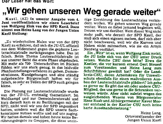 Leserbrief aus der Zeit 1987/88 zu Vorwürfen der SPD gegen die Junge Union